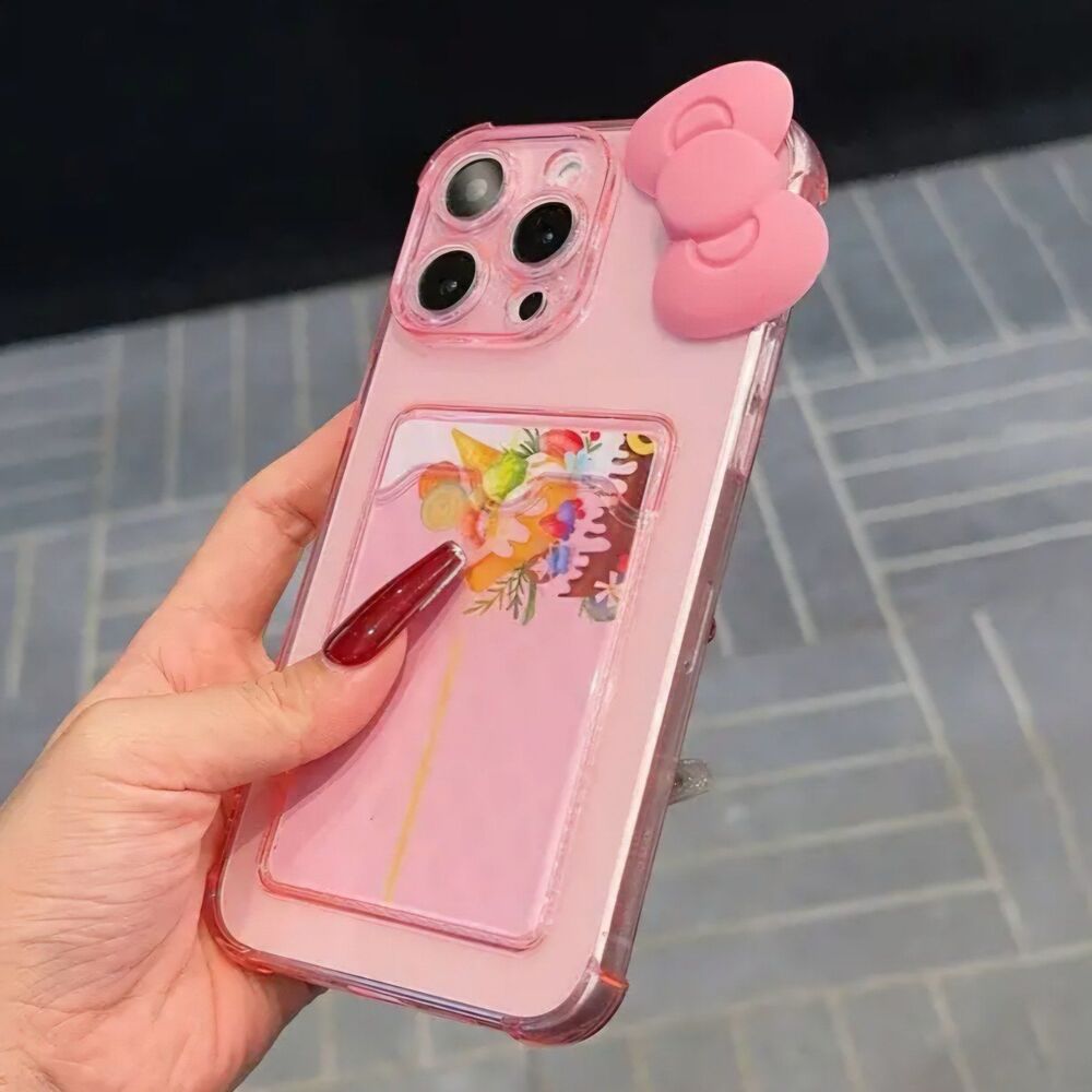 Clear‎ pink Bow iPhone 13 case with card holder